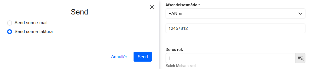 Viser indstillingerne for at sende som e-faktura i listen over sendte dokumenter – bruges til at bekræfte modtageroplysninger før afsendelse.