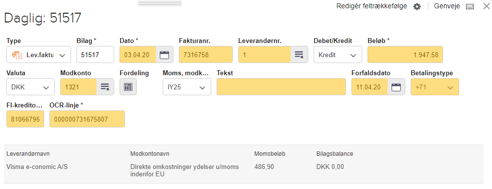 Viser automatisk udfyldte felter på en postering i kassekladden – bruges til at vise, hvilken information der overføres fra Smart Inbox.