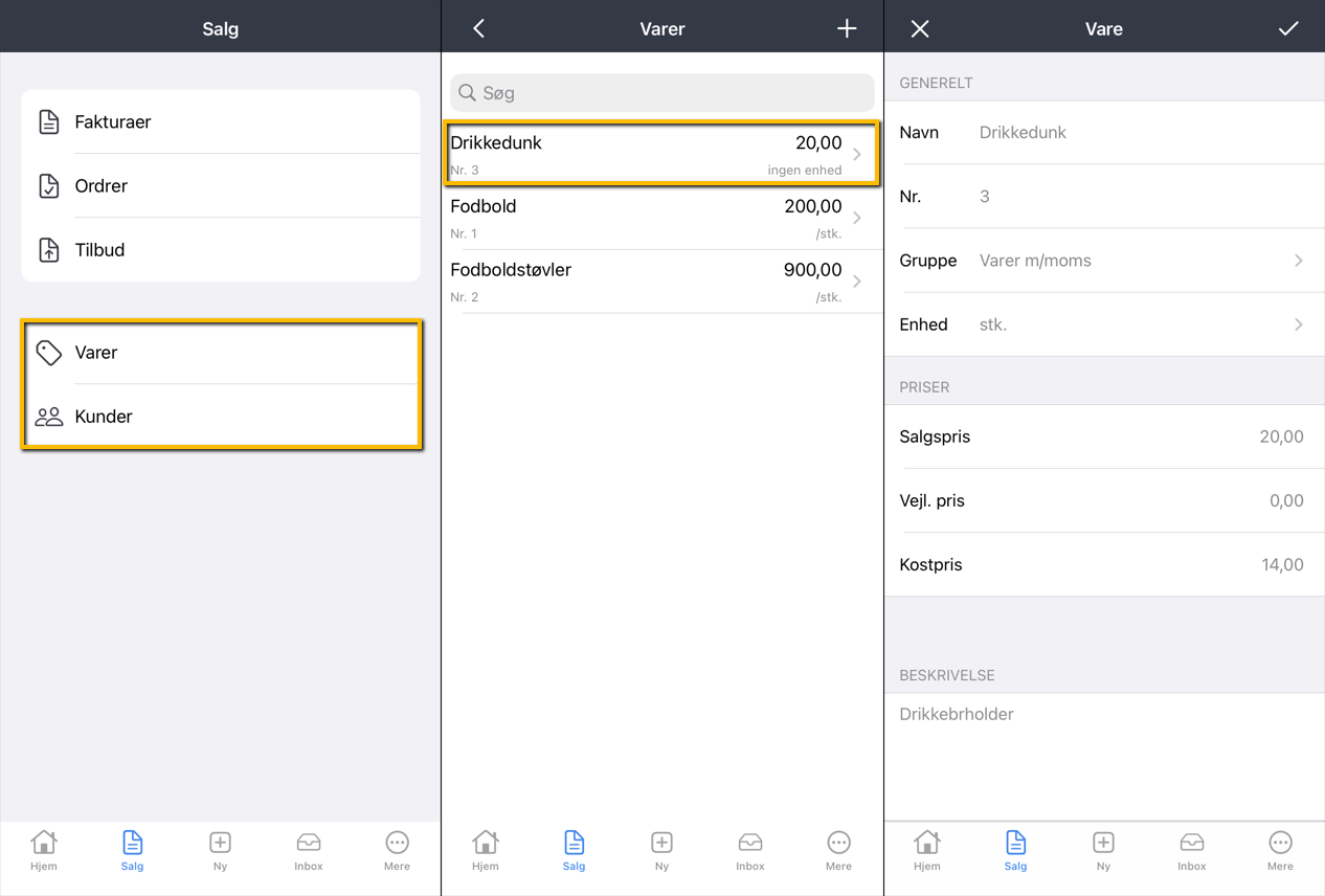 Viser en vare i varekartoteket under Salg – bruges til at se varens detaljer som pris og gruppe.