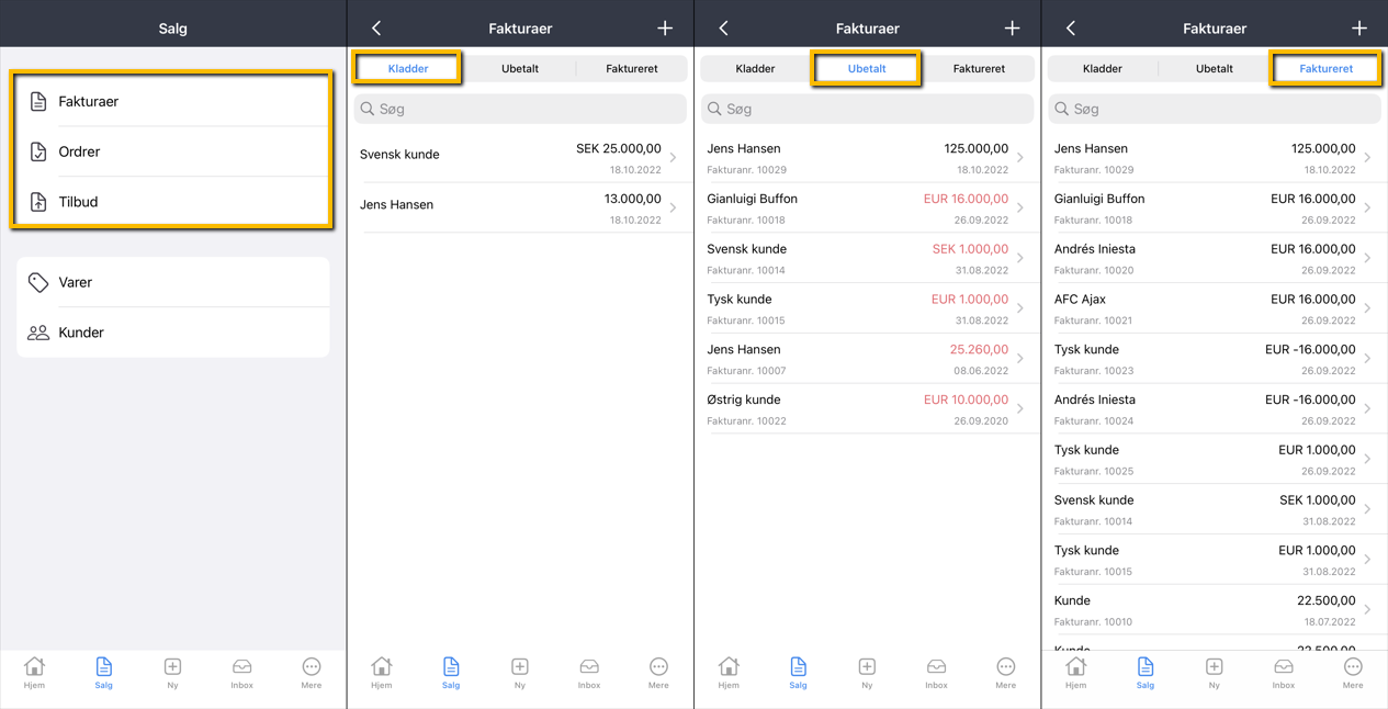 Viser faktura-listerne i Salg-modulet i mobilappen – bruges til at få et overblik over fakturaer opdelt i kladder, ubetalte og fakturerede.