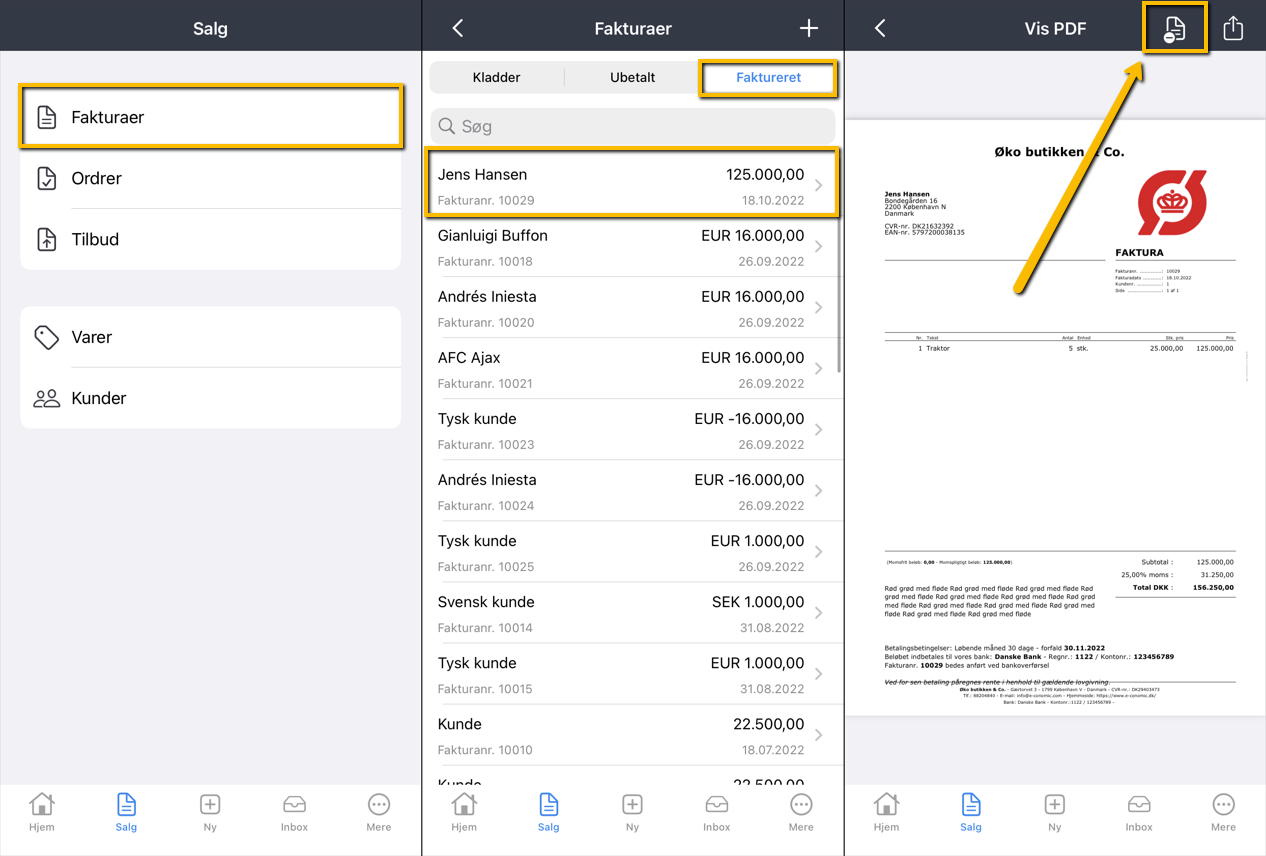Viser delingsikonet i fakturavisningen – bruges til at sende eller gemme en faktura som en PDF-fil.