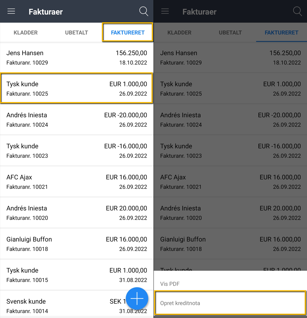 Viser plus-knappen i fakturaoversigten – bruges til at oprette en kreditnota.