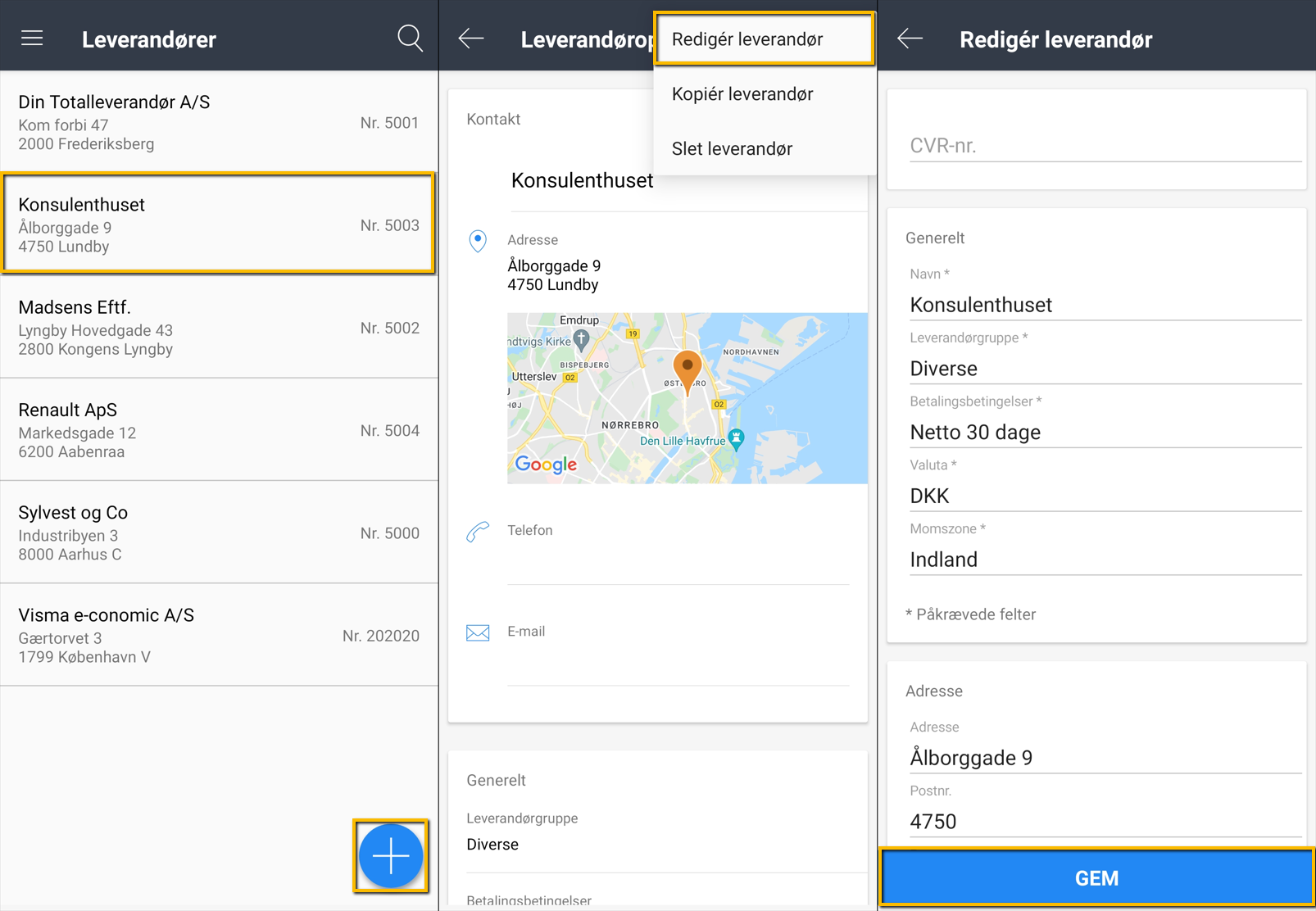 Viser redigering af en leverandør i Leverandører-modulet – bruges til at ændre oplysninger på en eksisterende leverandør.