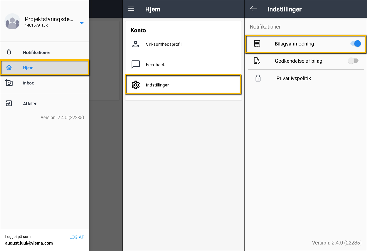 Viser aktivering af 'Bilagsanmodning' i appens indstillinger – bruges til at modtage notifikationer om anmodede bilag.