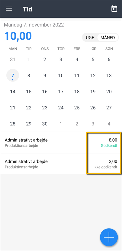 Viser en oversigt over dagens timeregistreringer i Tid-modulet – bruges til at se godkendelsesstatus på sine timer.