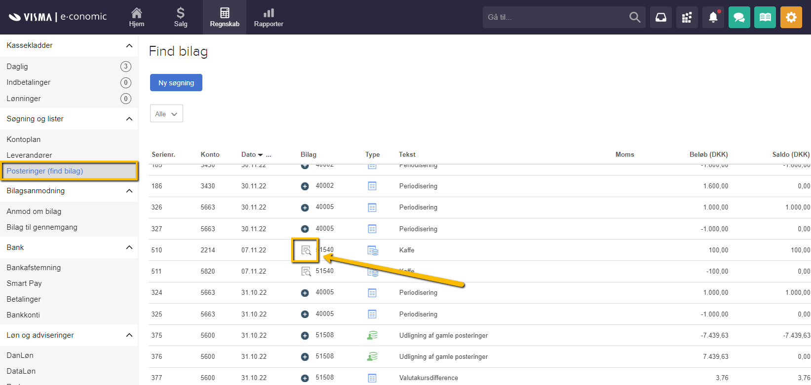 Viser ikonet 'Vis bilag' i listen med posteringer – bruges til at åbne og se det tilknyttede bilag for en postering.