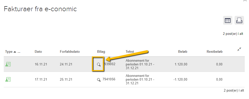 Viser Vis bilag-ikonet i betalingshistorikken – bruges til at se den valgte faktura.