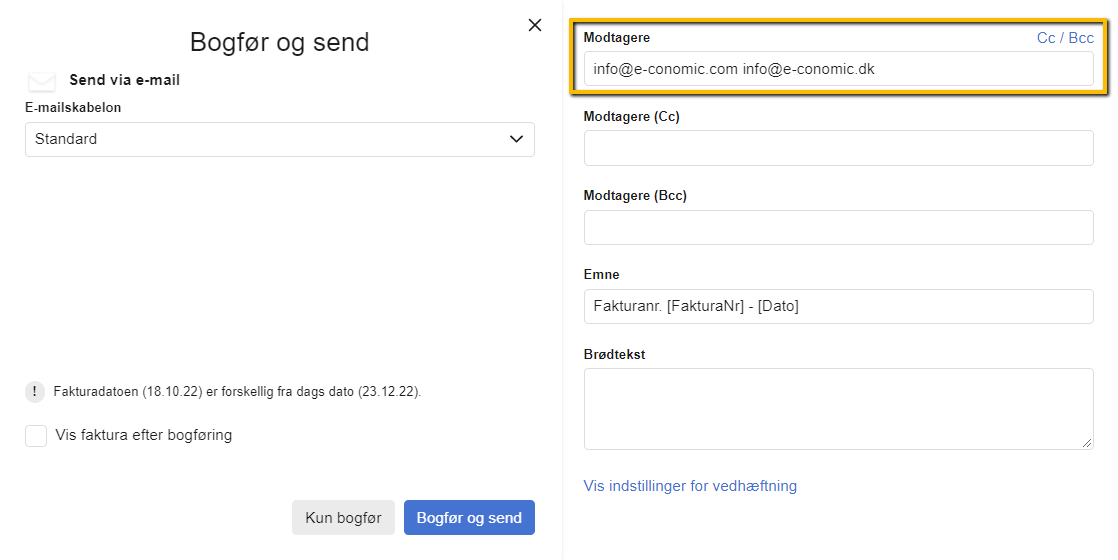 Viser Modtager-feltet i 'Bogfør og send'-vinduet – bruges til at sende en faktura til flere e-mailadresser på én gang.