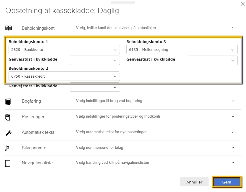 Viser valg af beholdningskonti i opsætning af kassekladde – bruges til at definere hvilke konti, der skal vises på statuslinjen.