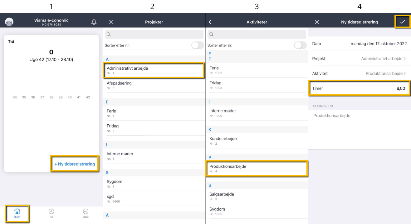 Viser flowet for at oprette en tidsregistrering i e-conomic mobilappen – bruges til at indberette timer på et projekt og en aktivitet.