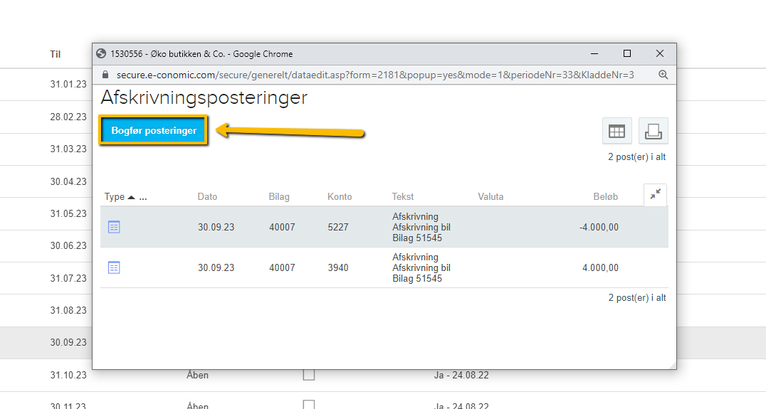 Viser "Bogfør posteringer"-knappen i vinduet "Afskrivningsposteringer" – bruges til at bogføre afskrivningerne for perioden.