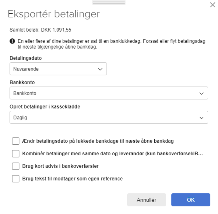 Viser dialogboksen 'Eksportér betalinger' under betalinger – bruges til at vælge betalingsdato, bankkonto og andre indstillinger for at oprette en betalingsfil til banken.