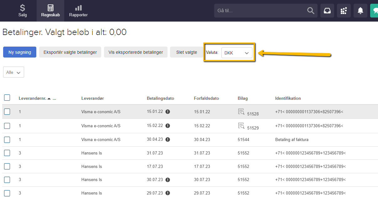 Viser valutafeltet i Betalinger – bruges til at søge efter betalinger i en bestemt valuta.