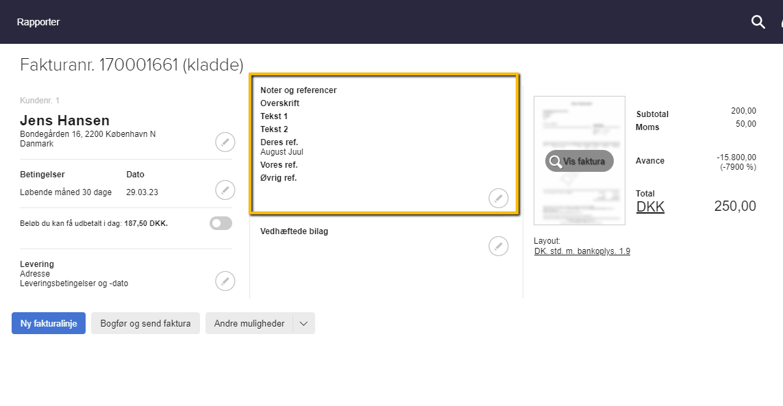 Viser feltet 'Noter og referencer' på en fakturakladde – bruges til at tilføje de nødvendige referencer til en OIOXML-faktura.