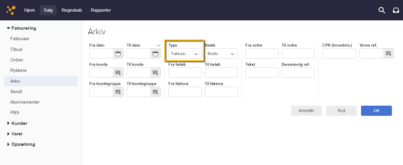 Viser rullemenuen "Type" i Arkiv – bruges til at filtrere søgningen for at finde en specifik faktura.