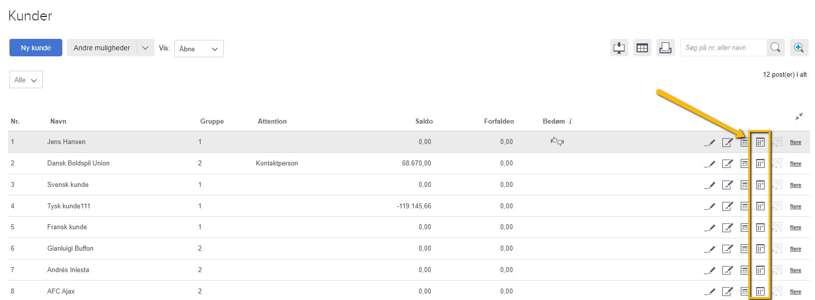 Viser 'Åbne posteringer'-ikonet i kundelisten – bruges til at se en oversigt over en kundes åbne posteringer.