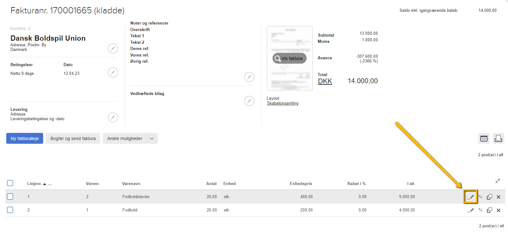 Viser Redigér-ikonet på en fakturalinje i en fakturakladde – bruges til at redigere fakturalinjen