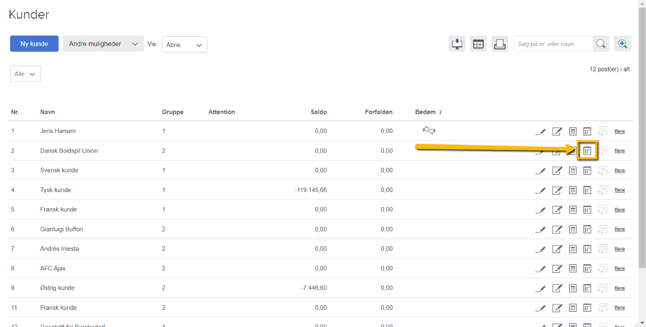 Viser 'Åbne posteringer'-ikonet i kundelisten – bruges til at se en kundes åbne posteringer