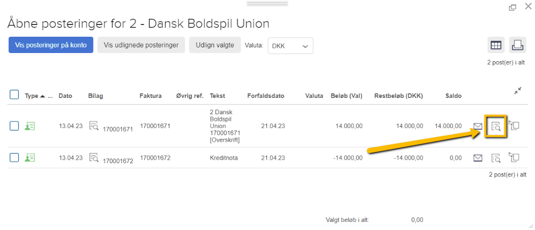 Viser linjeikonet "Vis posteringer til udligning" i listen over kundens åbne posteringer – bruges til at finde modposteringer til udligning.