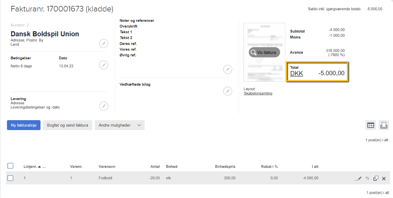 Viser en faktura med et negativt totalbeløb i faktureringsmodulet – bruges til at omdanne fakturaen til en kreditnota.