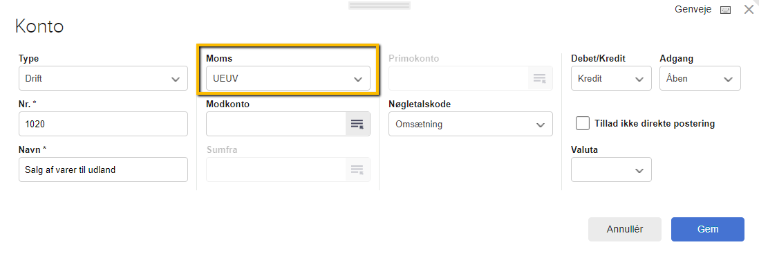 Viser redigering af momskoden på en finanskonto i Kontoplanen – bruges til at sikre korrekt moms på salg til udlandet.