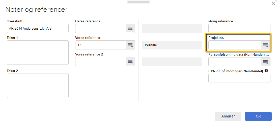 Viser feltet 'Projektnr.' i vinduet 'Noter og referencer' på en faktura – bruges til at tilknytte et projekt til fakturaen.