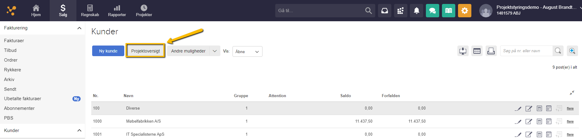 Viser knappen "Projektoversigt" i kundelisten – bruges til at finde og fakturere et projekt for en kunde.