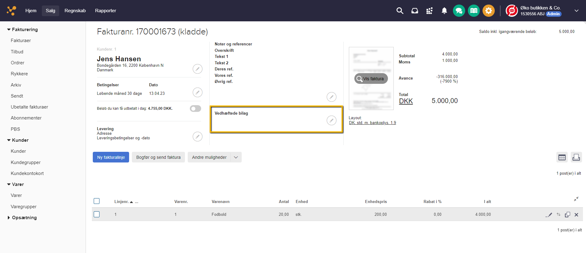 Viser knappen 'Vedhæftede bilag' i fakturakladen – bruges til at vedhæfte et bilag til fakturaen.