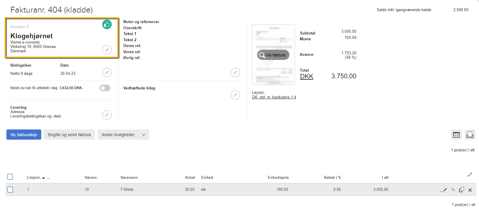 Viser kundens oplysninger på en fakturakladde – bruges til at åbne kundekortet for at rette momszonen.