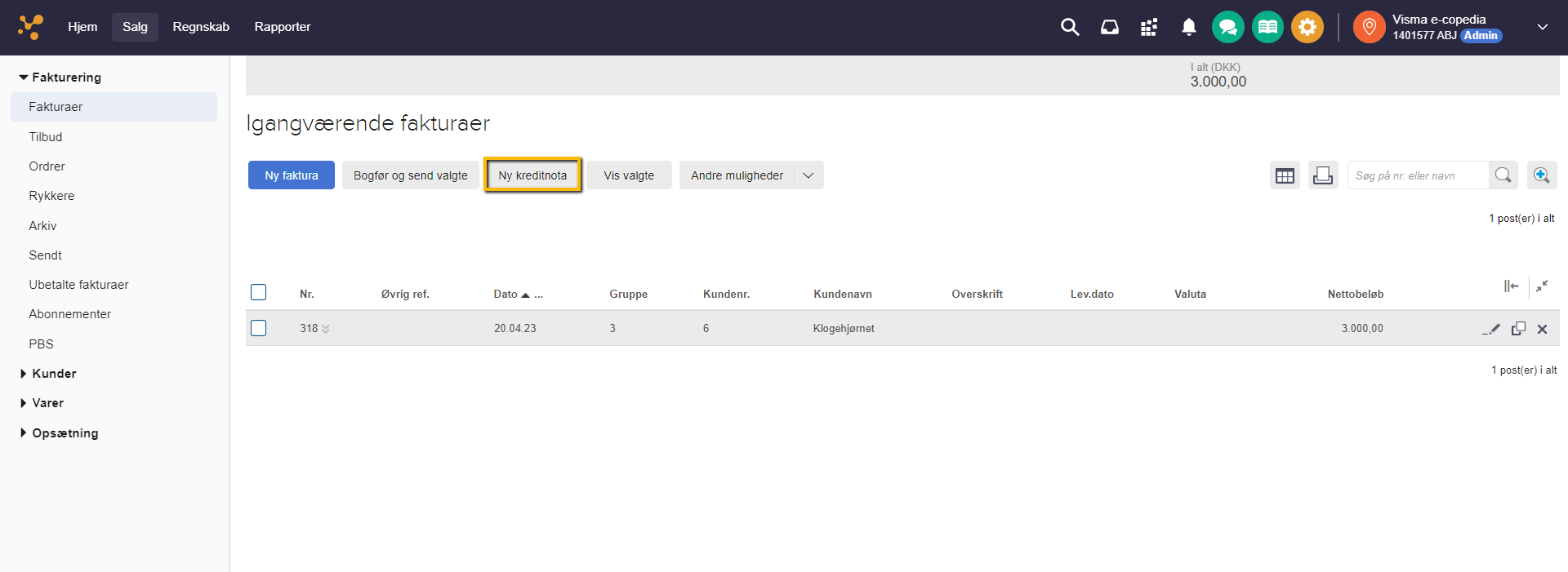 Viser knappen 'Ny kreditnota' i fakturaoversigten – bruges til at oprette en kreditnota til en eksisterende faktura.