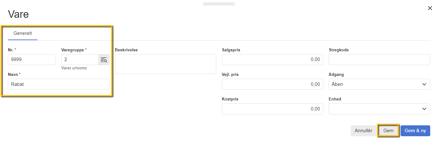 Viser oprettelse af en ny rabatvare i varekartoteket – bruges til at give en samlet rabat på en faktura.