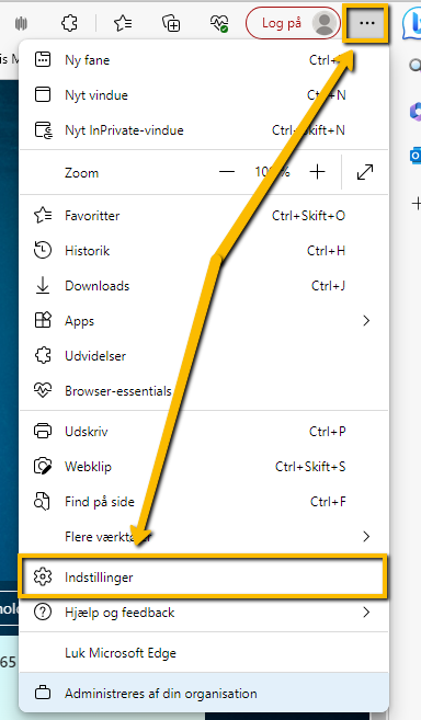 Viser menupunktet 'Indstillinger' i Microsoft Edge-browserens menu – bruges til at tilgå indstillingerne for at slette midlertidige internetfiler og cookies.