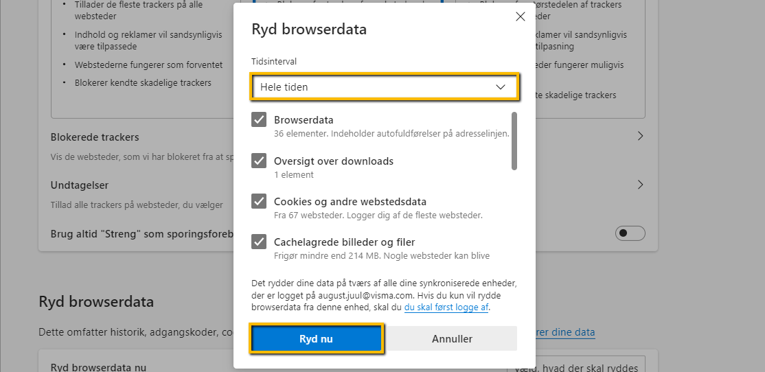 Viser dialogboksen 'Ryd browserdata' i Microsoft Edge – bruges til at slette midlertidige internetfiler og cookies.