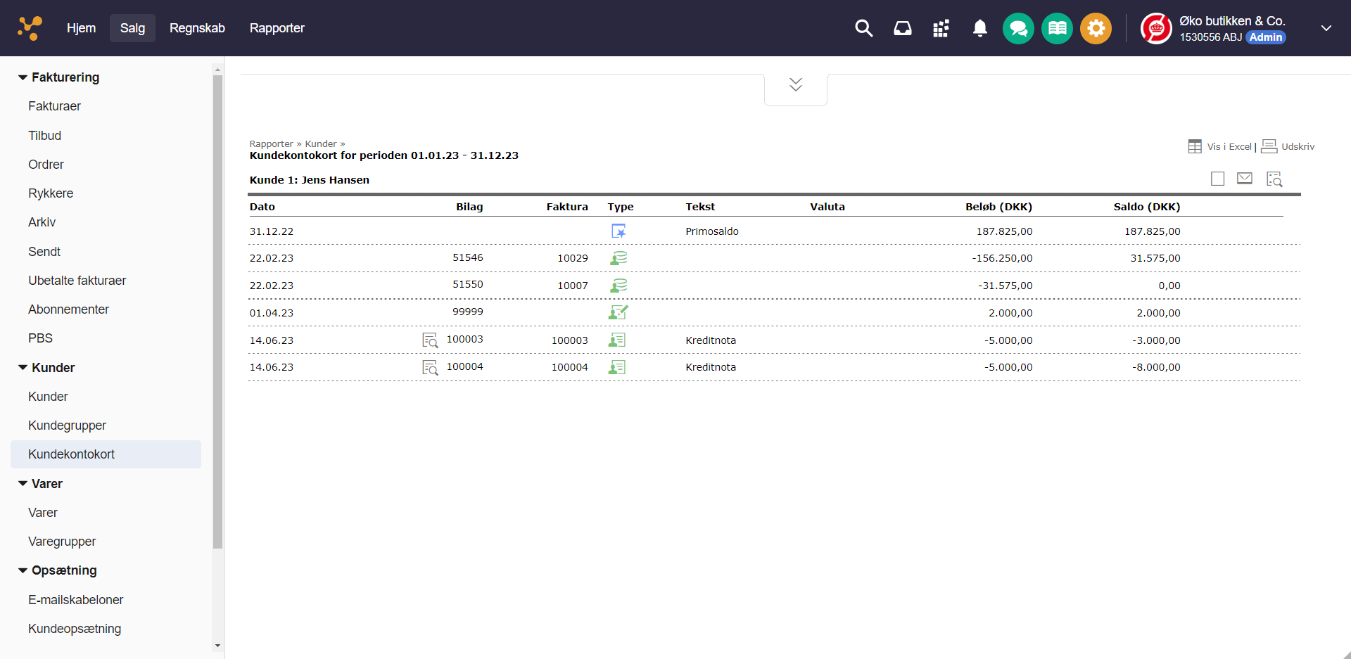 Viser rapporten 'Kundekontokort' i Rapporter-modulet – bruges til at få et samlet overblik over alle posteringer og den løbende saldo for en specifik kunde.