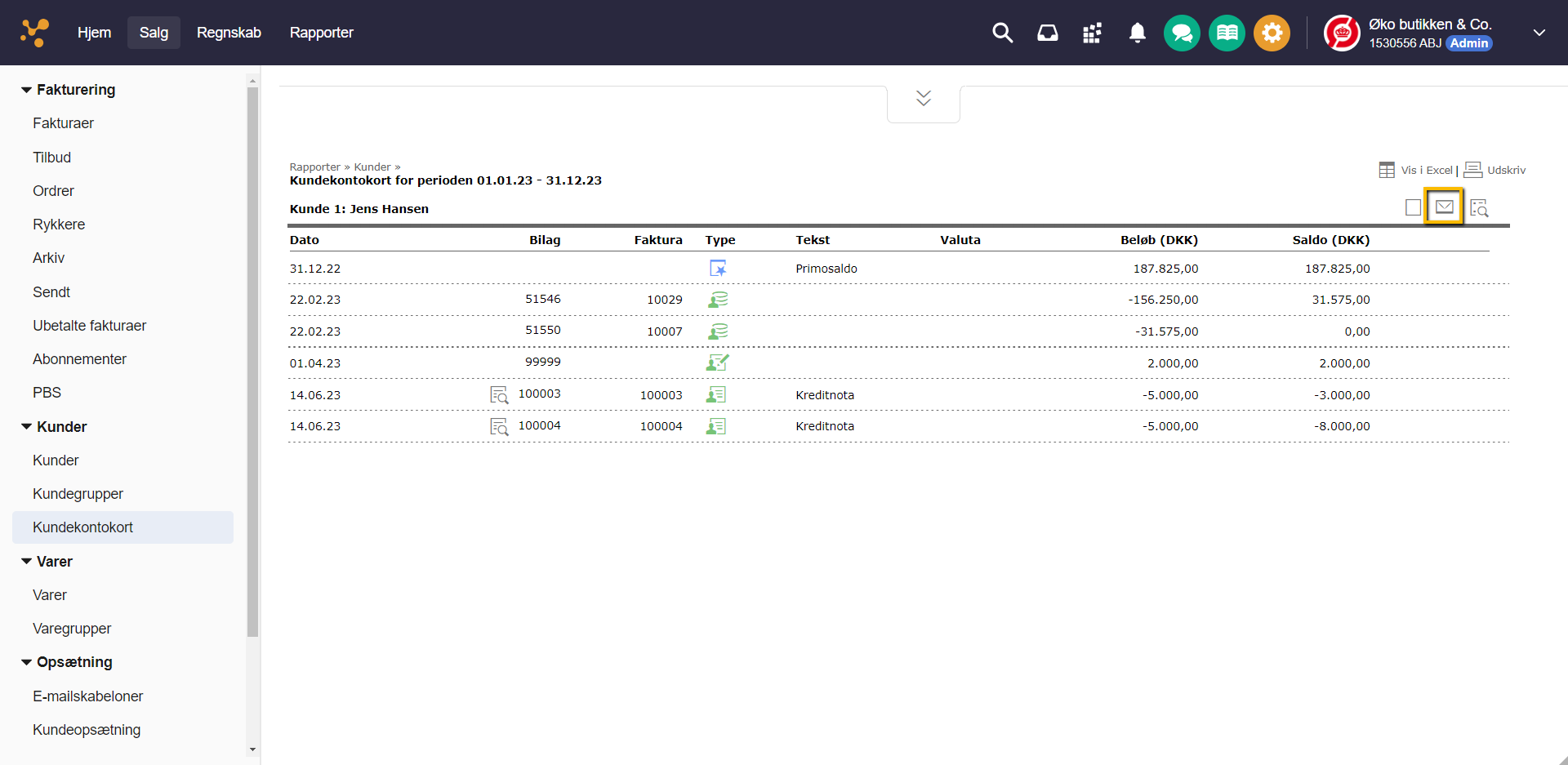 Viser ikonet 'E-mail kontoudtog' i kundekontokortet – bruges til at sende et kontoudtog til kunden.