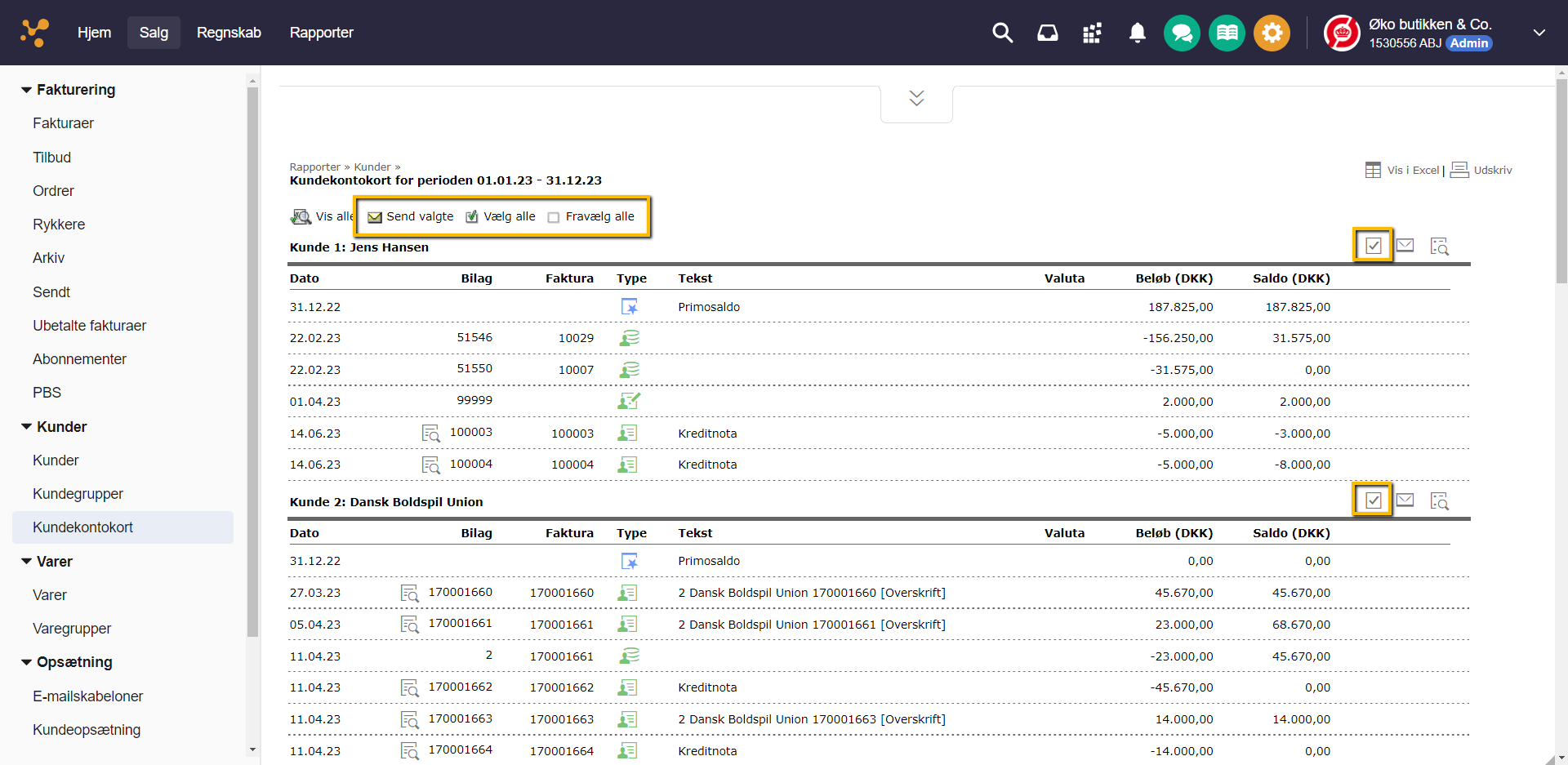 Viser valg af kunder og knappen 'Send valgte' i rapporten Kundekontokort – bruges til at sende kontoudtog til flere kunder på én gang.