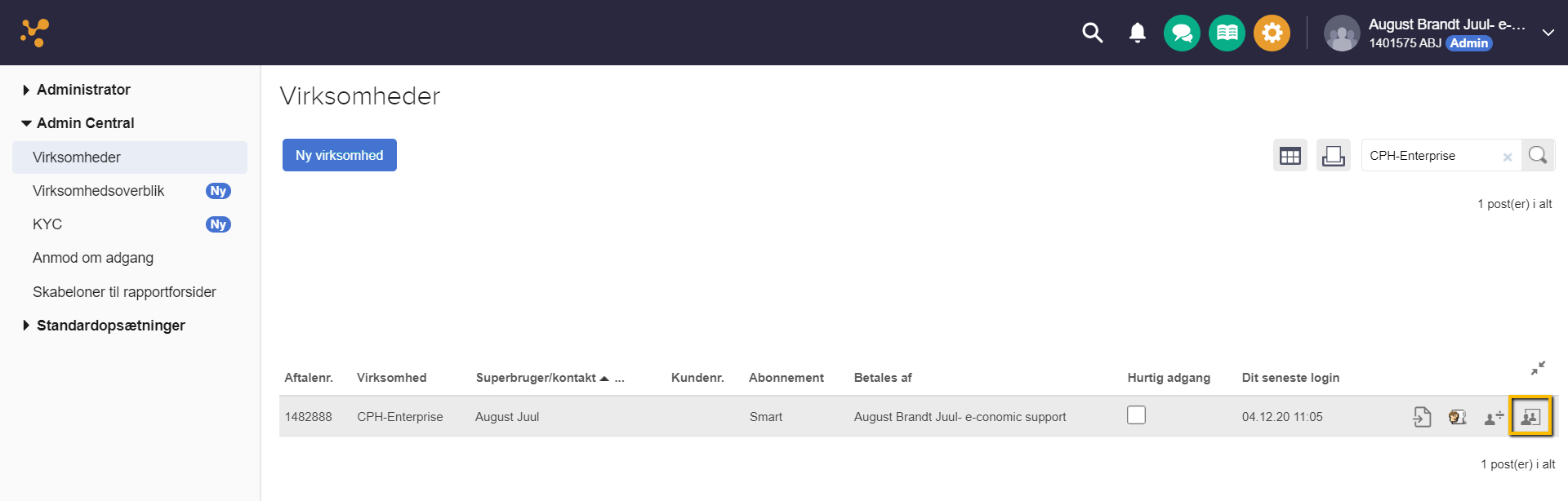 Viser "Administrér"-ikonet i virksomhedsoversigten i Administratormodulet – bruges til at administrere en virksomheds aftale.