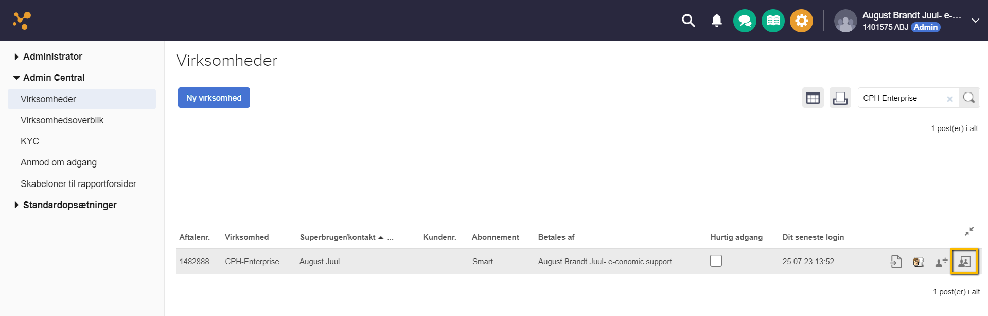 Viser 'Administrér'-ikonet i virksomhedslisten i administratormodulet – bruges til at administrere den valgte virksomheds aftale.