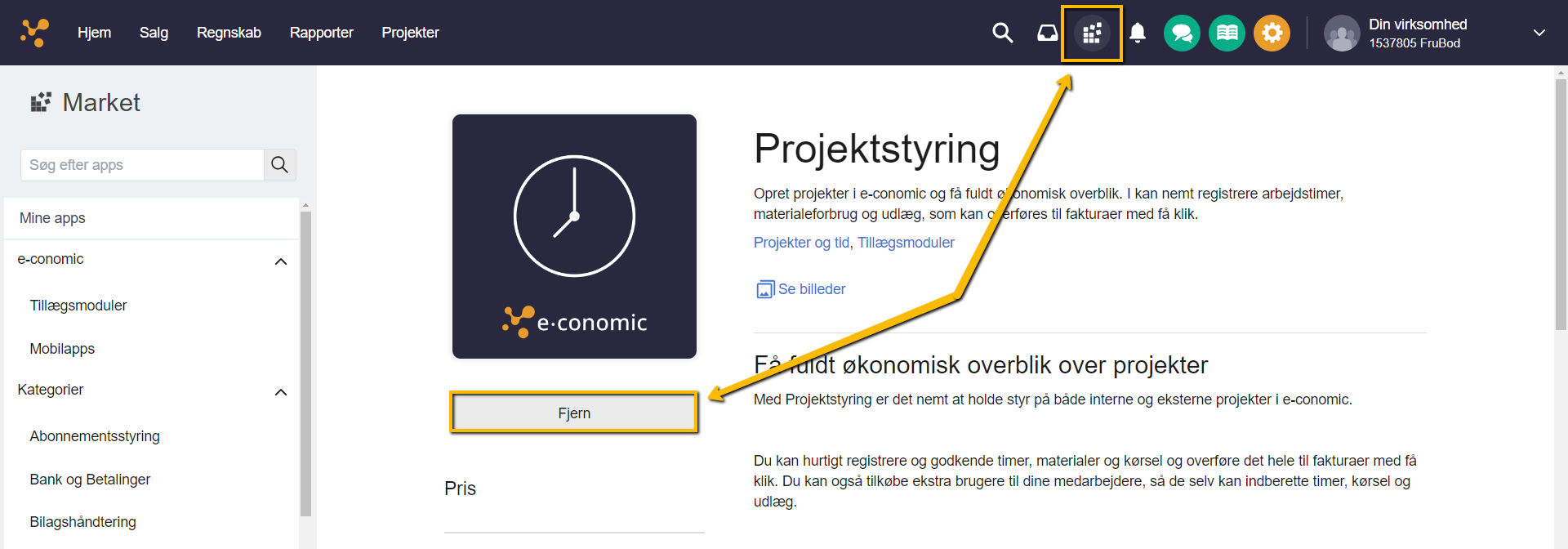 Viser Fjern-knappen i Market – bruges til at afmelde et tillægsmodul