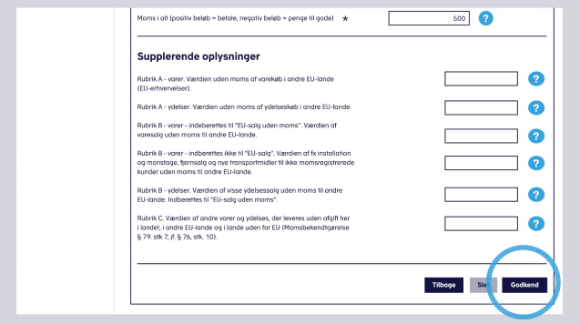 Viser knappen 'Godkend' på SKATs hjemmeside – bruges til at godkende og indsende momsopgørelsen.