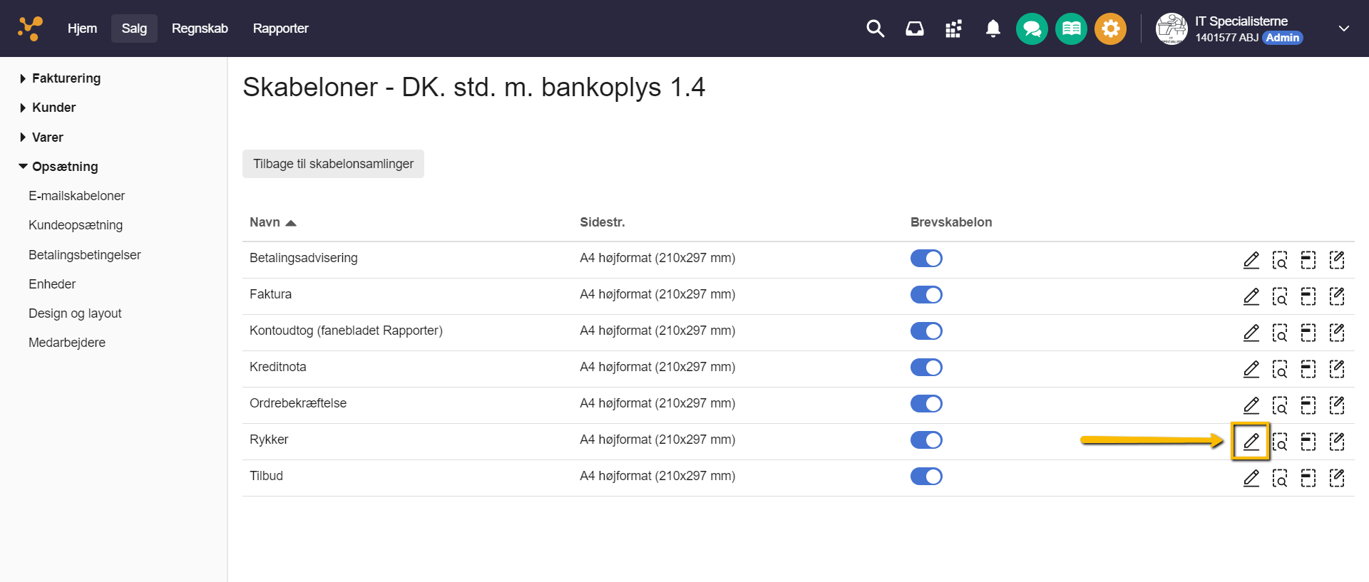 Viser indstillingsikonet for rykkere i skabelonopsætningen – bruges til at åbne indstillinger for at vedhæfte den oprindelige faktura.