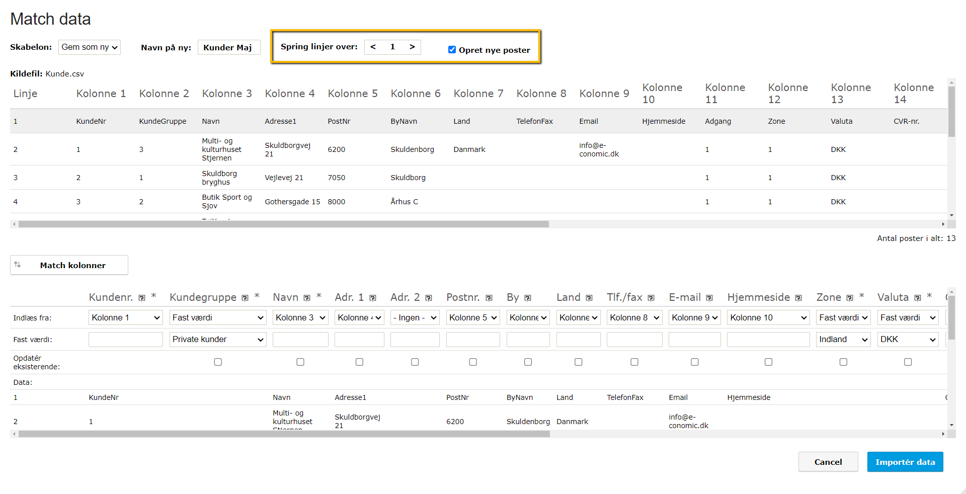 Viser matchning af kolonner i kundeimporten – bruges til at mappe data fra en fil til de korrekte kundefelter i systemet.