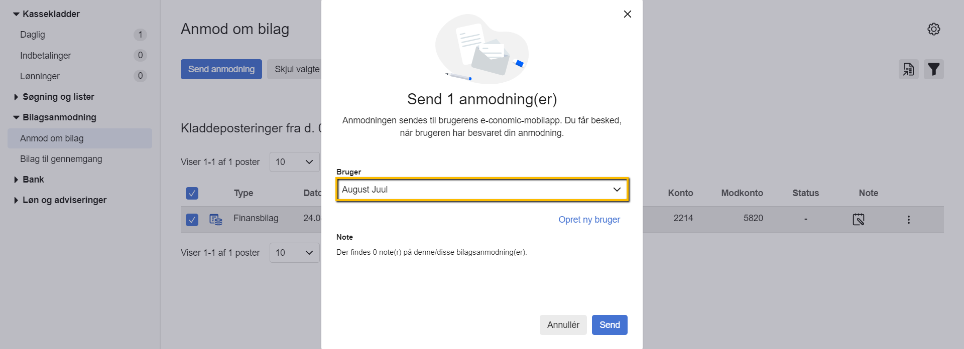Viser pop op-vinduet 'Send anmodning(er)' i Anmod om bilag – bruges til at vælge modtageren af bilagsanmodningen, inden den sendes.