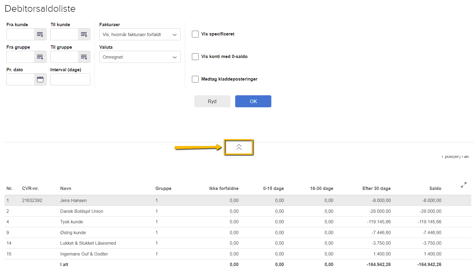 Viser Skjul-knappen i rapporten 'Debitorsaldoliste' – bruges til at skjule filter-mulighederne for at give mere plads til selve rapporten.