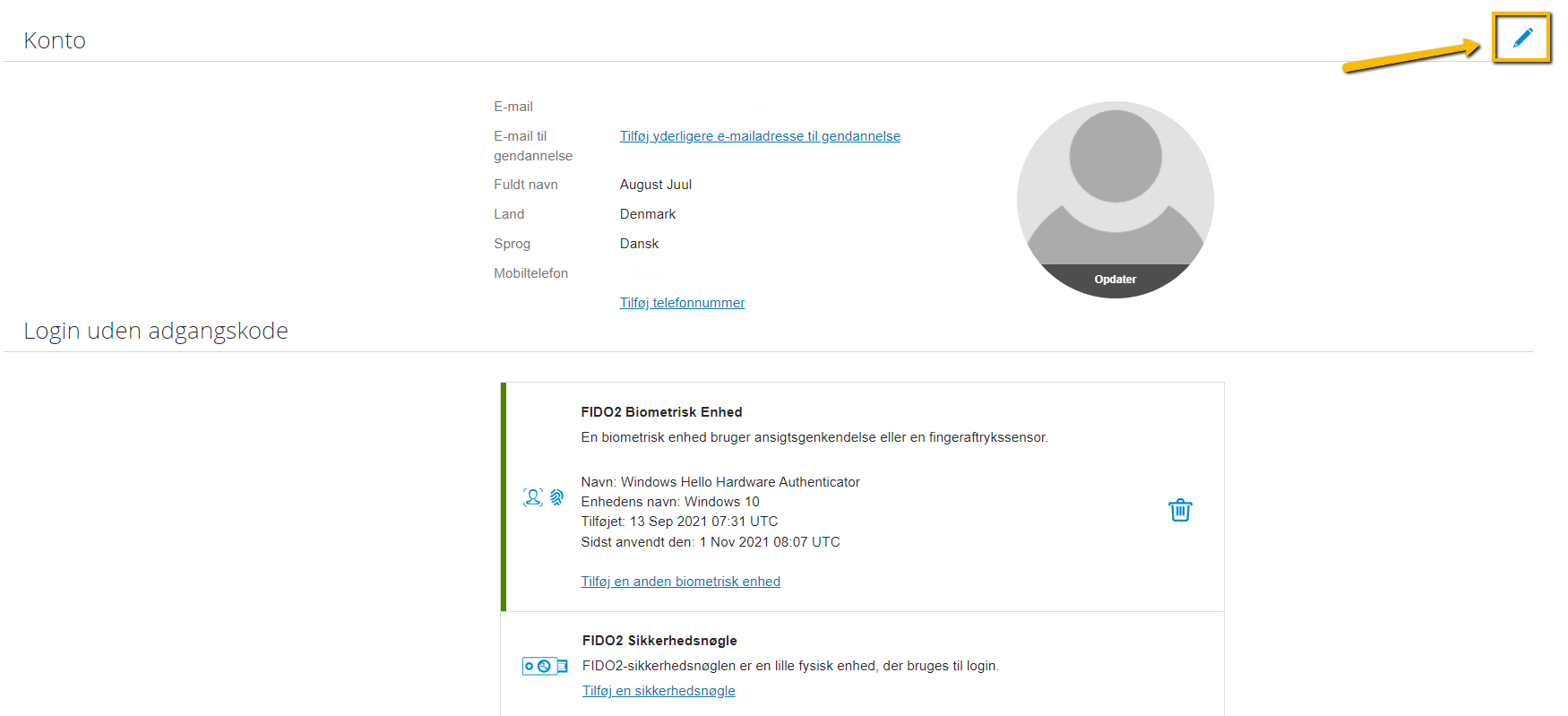 Viser Rediger-ikonet i brugerens kontoindstillinger – bruges til at ændre sin adgangskode og personlige oplysninger.