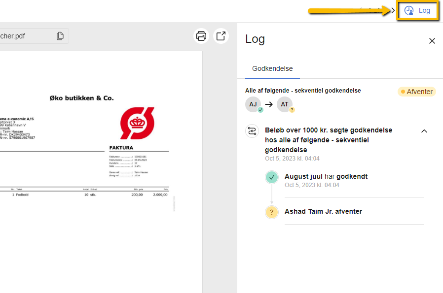 Viser godkendelsesloggen i Bilags Workflow – bruges til at se status og historik for godkendelse af et bilag.