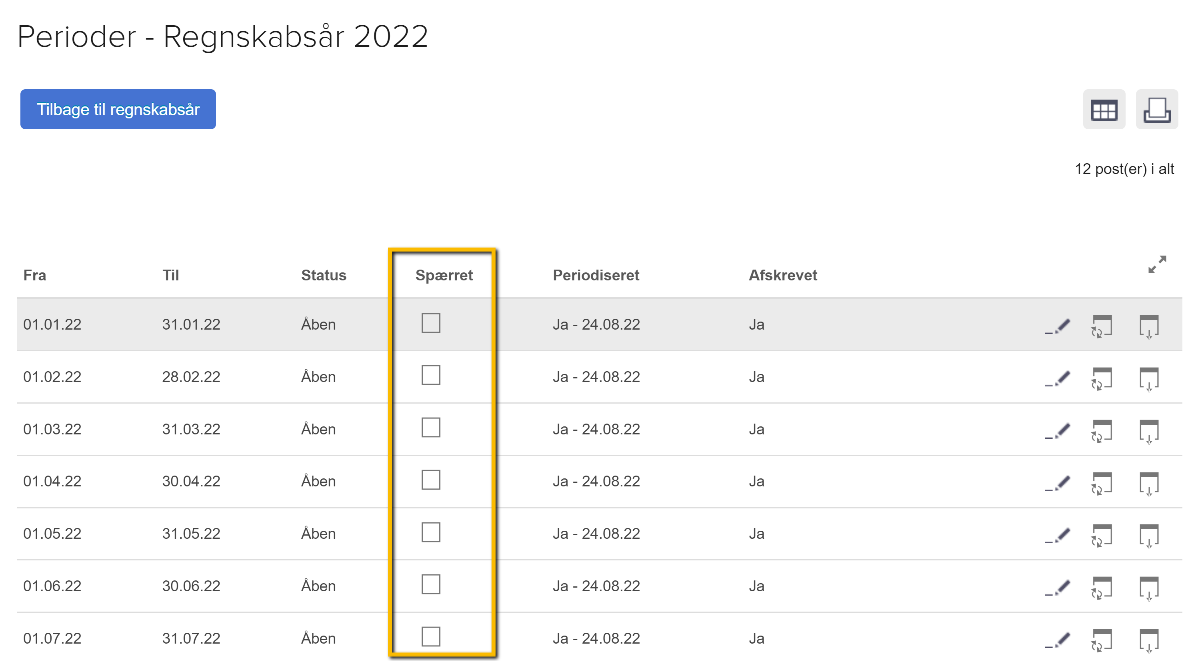 Viser afkrydsningsfeltet 'Spærret' i periodelisten for et regnskabsår – bruges til at spærre en periode for bogføring.