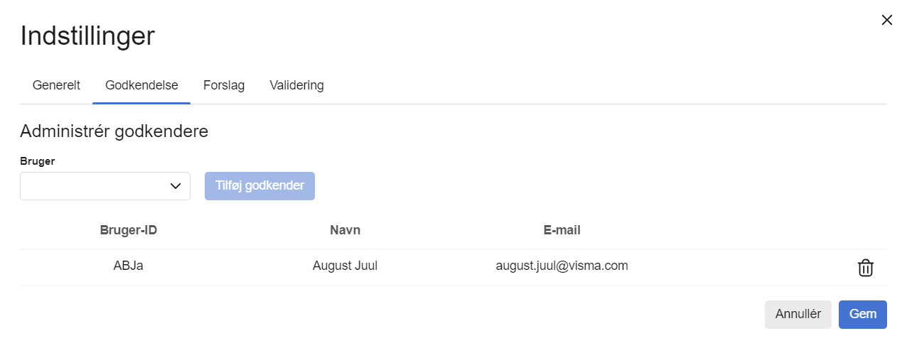 Viser fanen 'Godkendelse' i Indstillinger for Inbox – bruges til at tilføje en bruger, der skal godkende bilag.