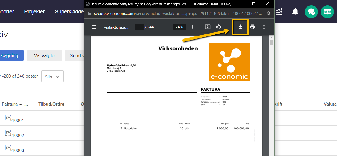 Viser download-ikonet i PDF-visningen – bruges til at gemme de valgte fakturaer som en samlet PDF-fil på computeren.