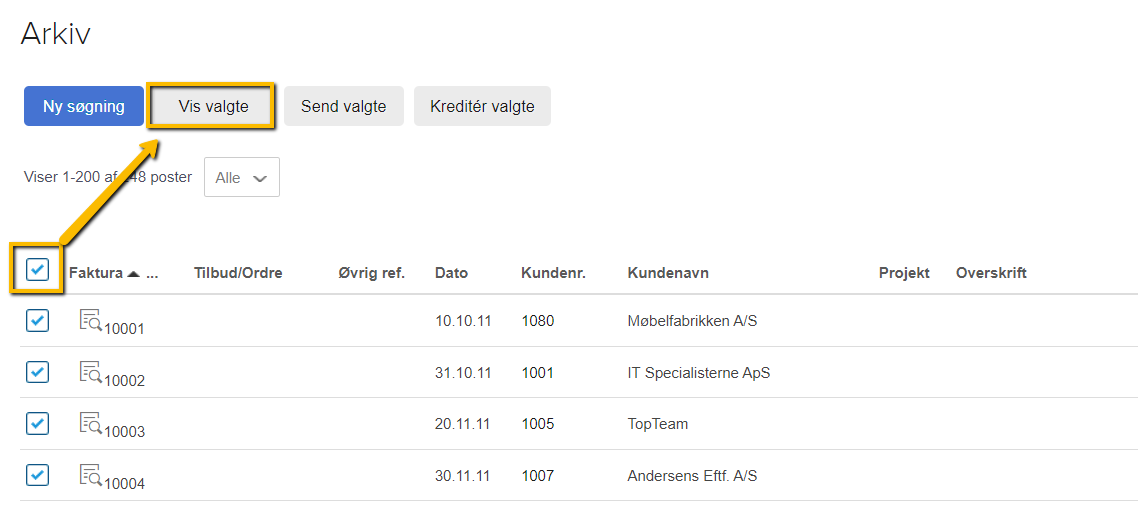 Viser knappen 'Vis valgte' i Arkiv – bruges til at eksportere de markerede fakturaer som en samlet PDF-fil.